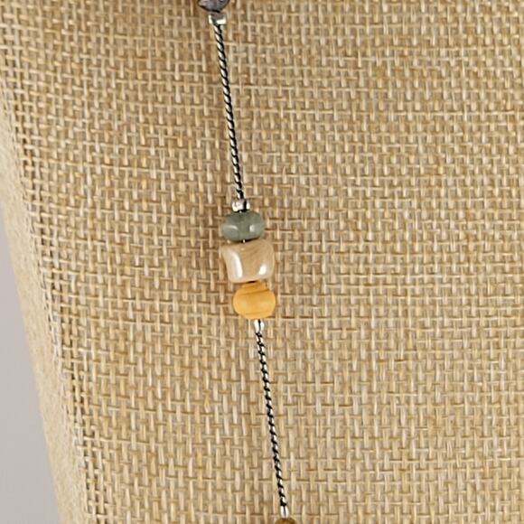 Beaded Hoop Earrings, Long 30" Bead Necklace Set Mixed Green Brown Silver Tone - Picture 4 of 14